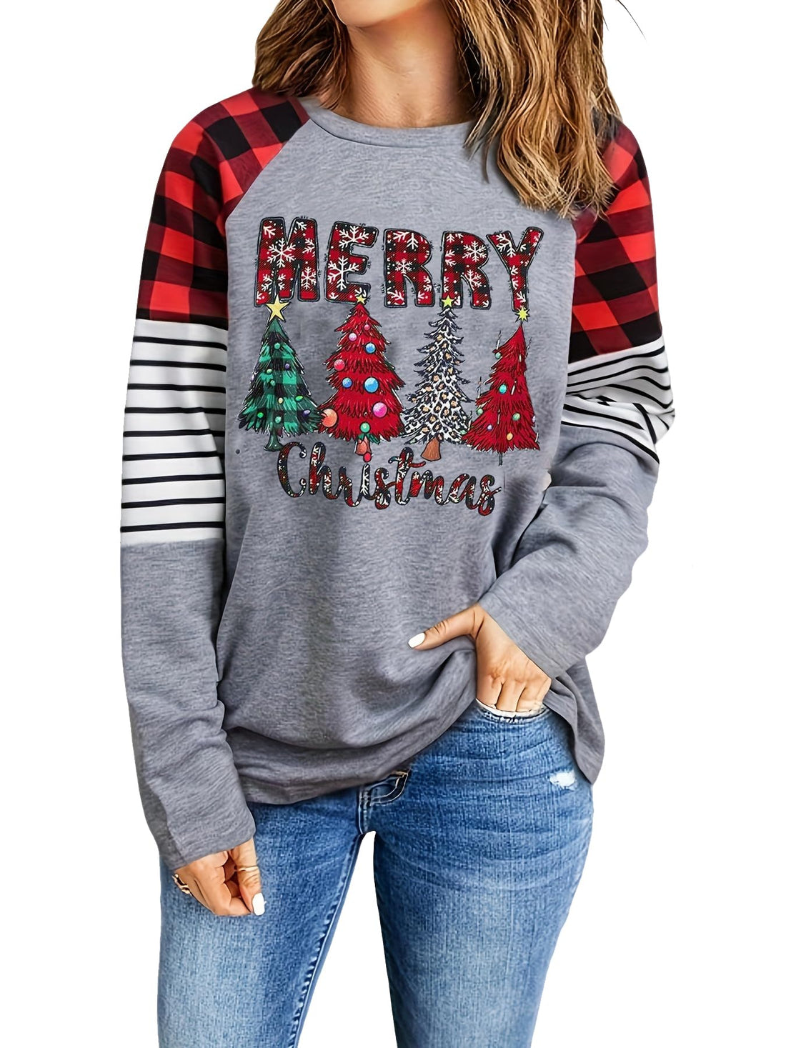 Cozy Christmas Leopard Plaid Holiday Long Sleeve Plus Size Top.