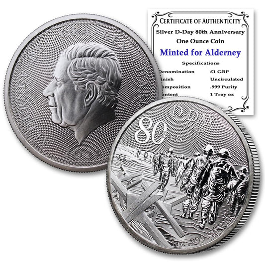 2024-1 oz Alderney .999 Silver D-Day 80th Anniversary Coin Brilliant Uncirculated with Certificate of Authenticity 1 Troy oun