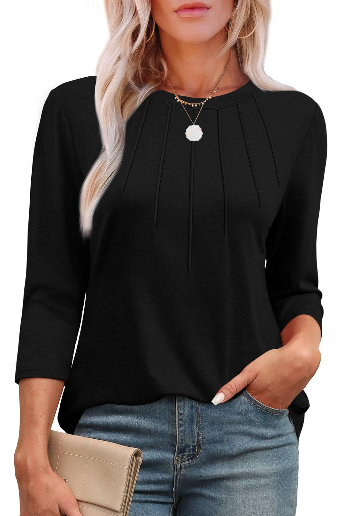 Casual Round Neck Pleated Tunic Top for Women Loose Fit tops.