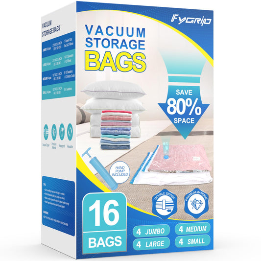 Fygrip 16 Pack Vacuum Storage Bags with Hand Pump, 4 Jumbo + 4 Large + 4 Medium + 4 Small 80%