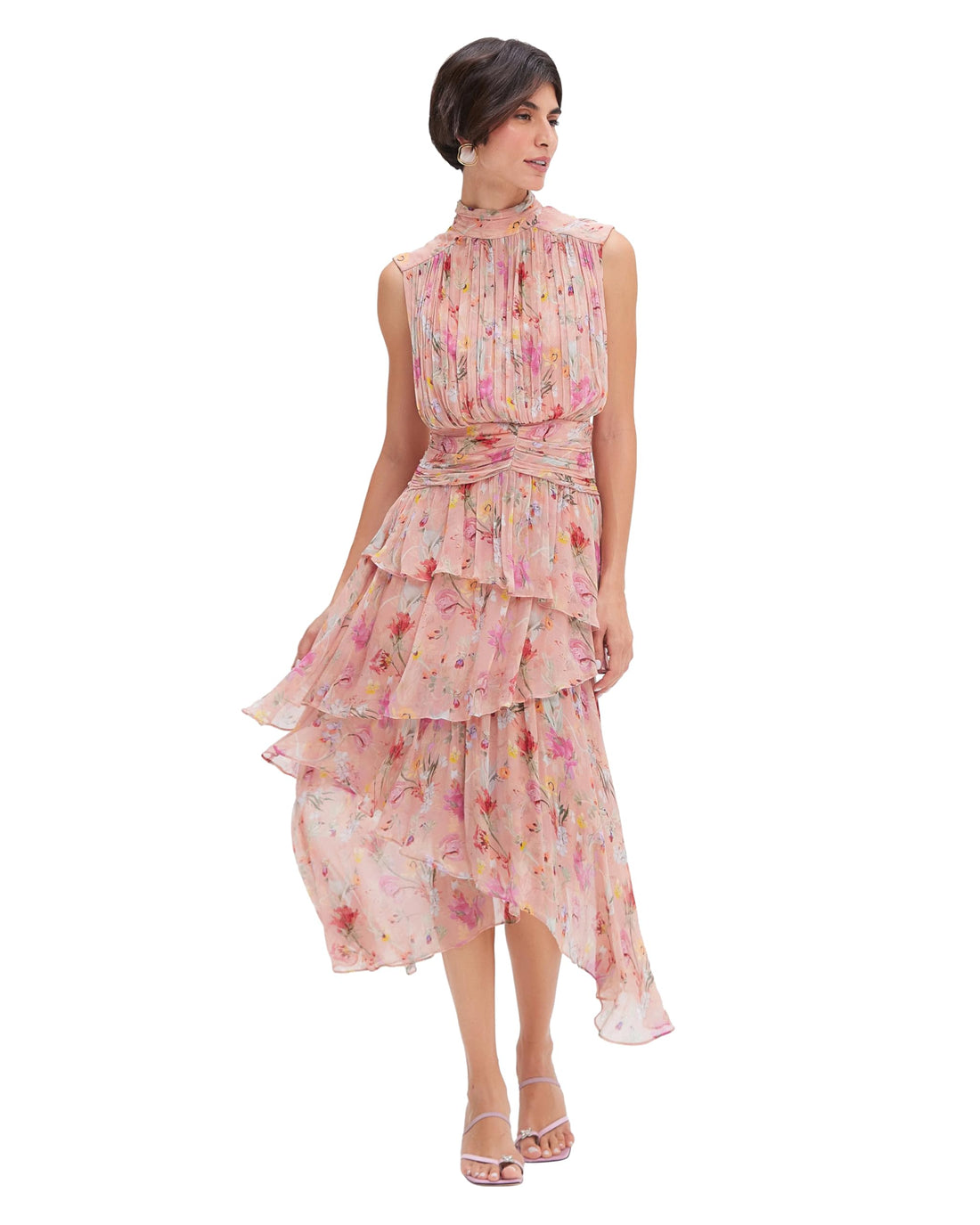 Elegant, flowy, floral midi dress with a sleeveless design.