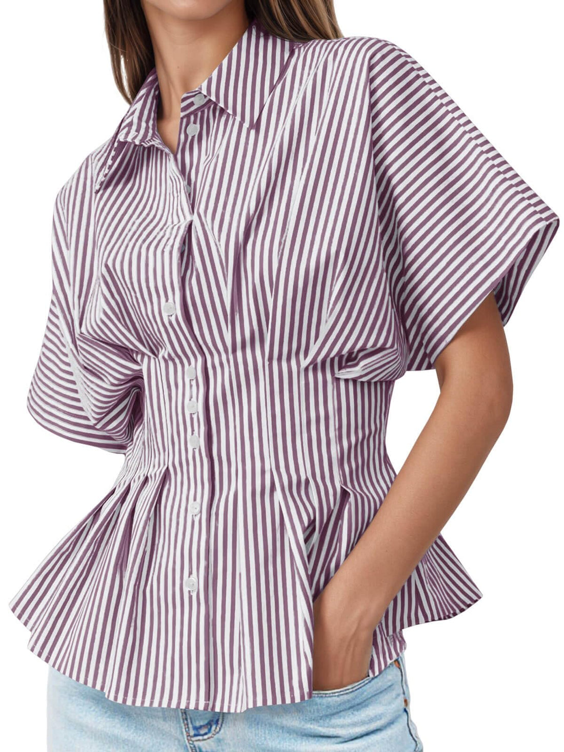 Tankaneo Womens Striped Peplum Button Down Shirts