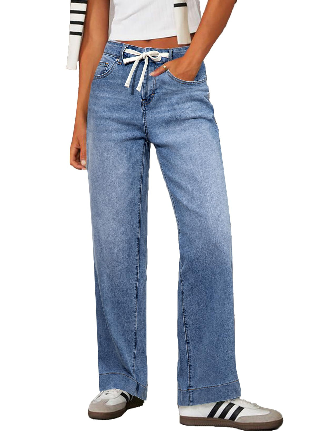 Women's Comfortable High-Waisted Baggy Stretchy Straight Leg Denim Pants.