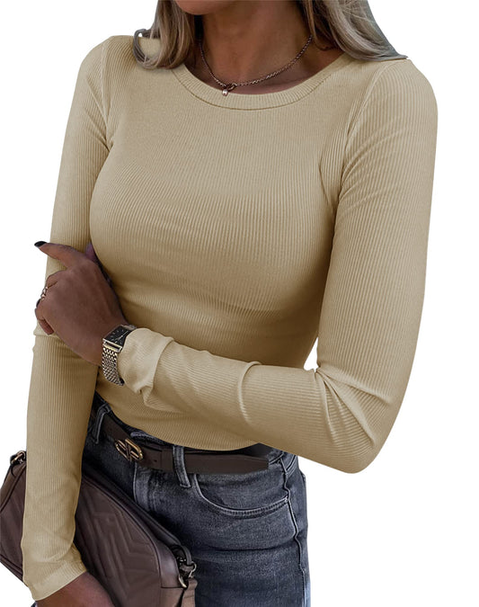 Roselux Womens Long Sleeve Stretch Crewneck Ribbed T-Shirt Fitted Casual Basic Tops.