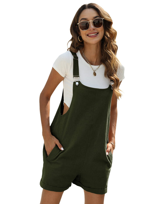 Yeokou Women's Cotton Linen Short Overalls Casual Summer Bib Shortalls with Pockets.