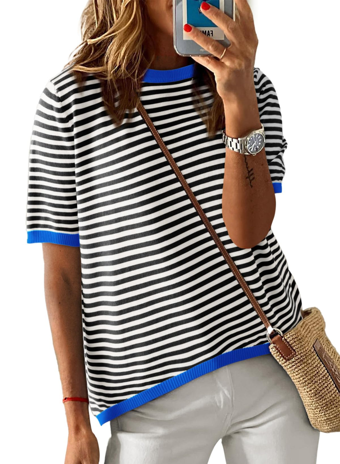 High-Waisted, Striped Knit Crewneck Sweater for Hot Summer Vibes