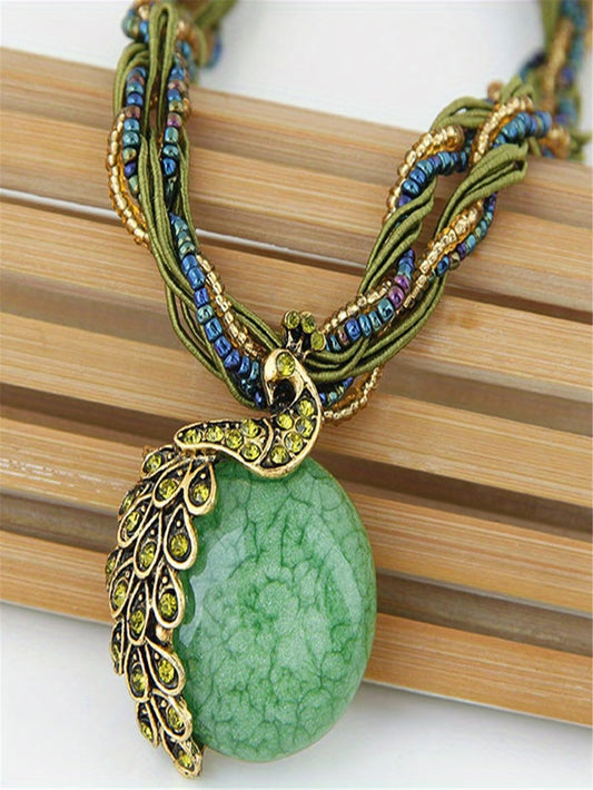 Exquisite Bohemian Chic Peacock Gemstone Pendant Necklace