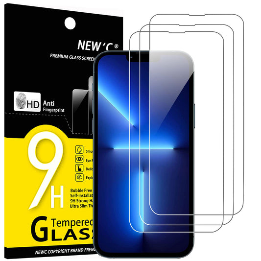 NEW'C 3 Pack, Designed for iPhone 14, 13, 13 Pro (6.1⁘) Screen Protector Tempered Glass, Case Friendly Anti Scratch Bubble Fr