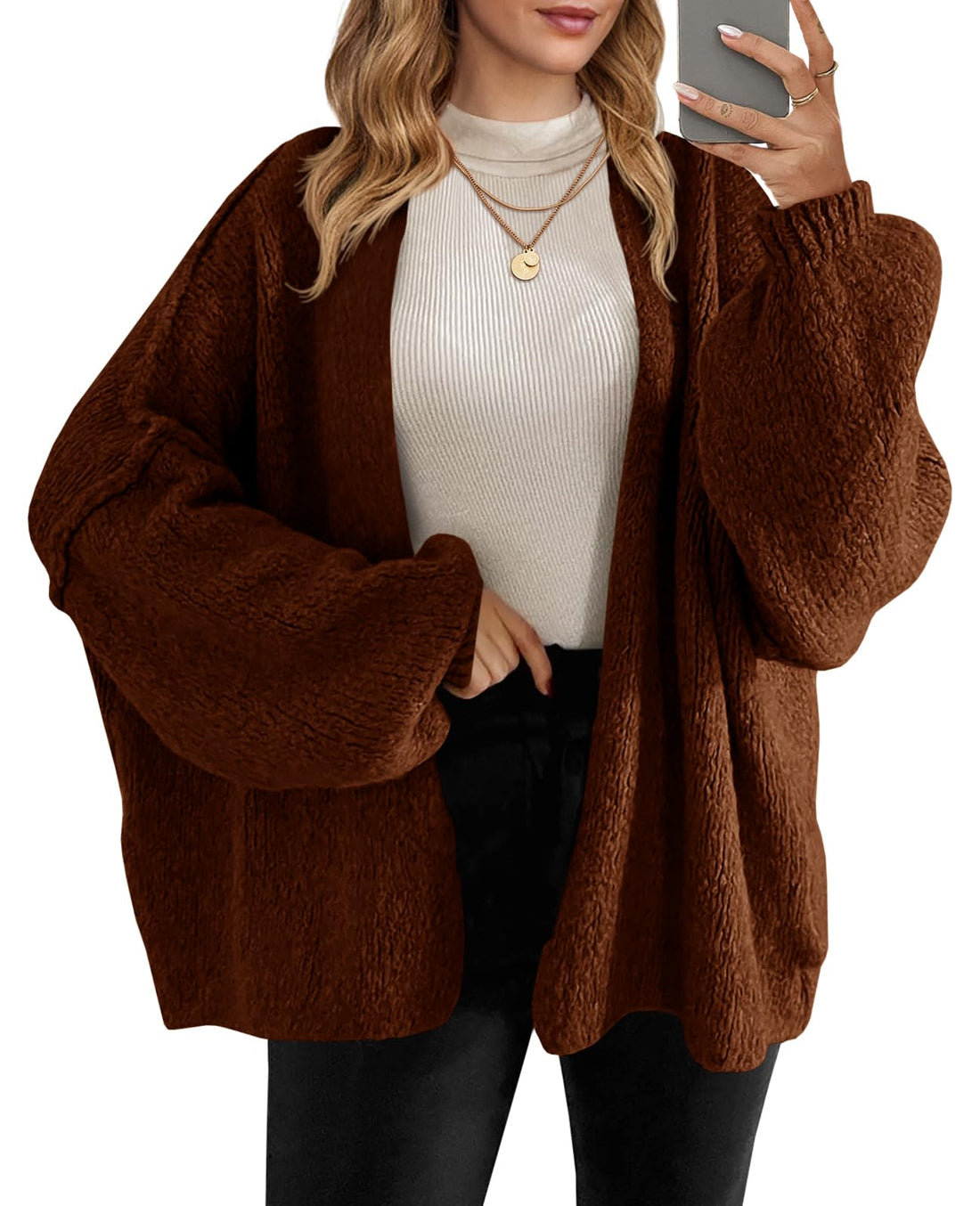 Oversized Women's Cardigan Sweater with Lantern Sleeves