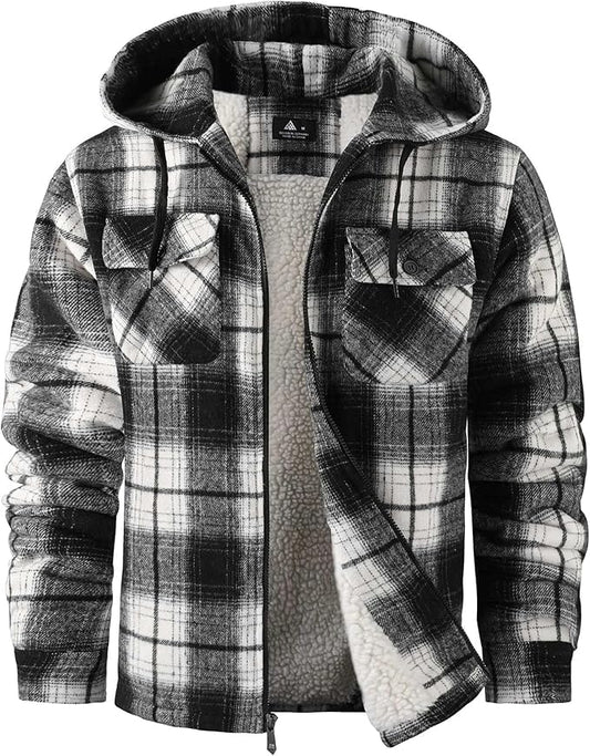 Cozy Winter Plaid Flannel Jacket with Sherpa Lining and Hood.