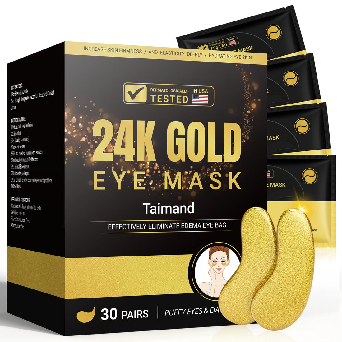 Anti-aging under eye patches with 24K gold and collagen benefits.