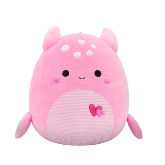 Adorable Pink Loch Ness Monster Squishmallow with Hearts for Valentine's Day.