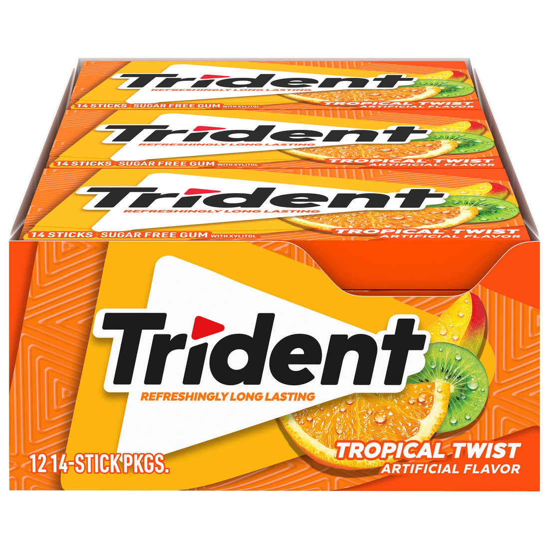 Sugar-Free Trident Tropical Twist Gum, 12 Packs of 14 Pieces.