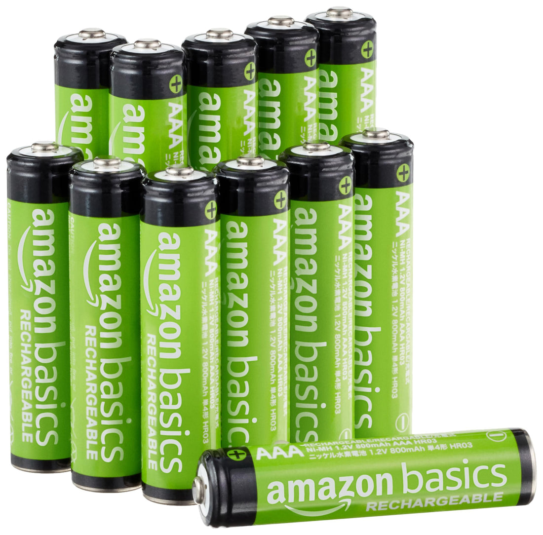 Amazon Basics 12-Pack Rechargeable AAA NiMH Performance Batteries, 800 mAh, Recharge up to 1000x ...