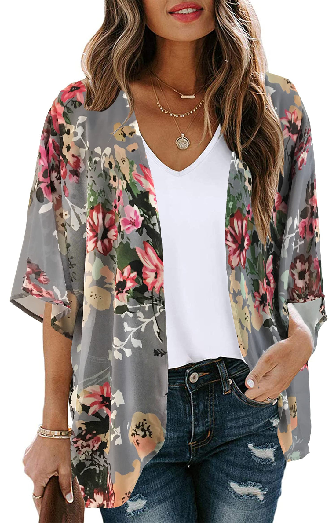 Chic Floral Print Kimono Cardigan for Women's Casual Everyday Wear.