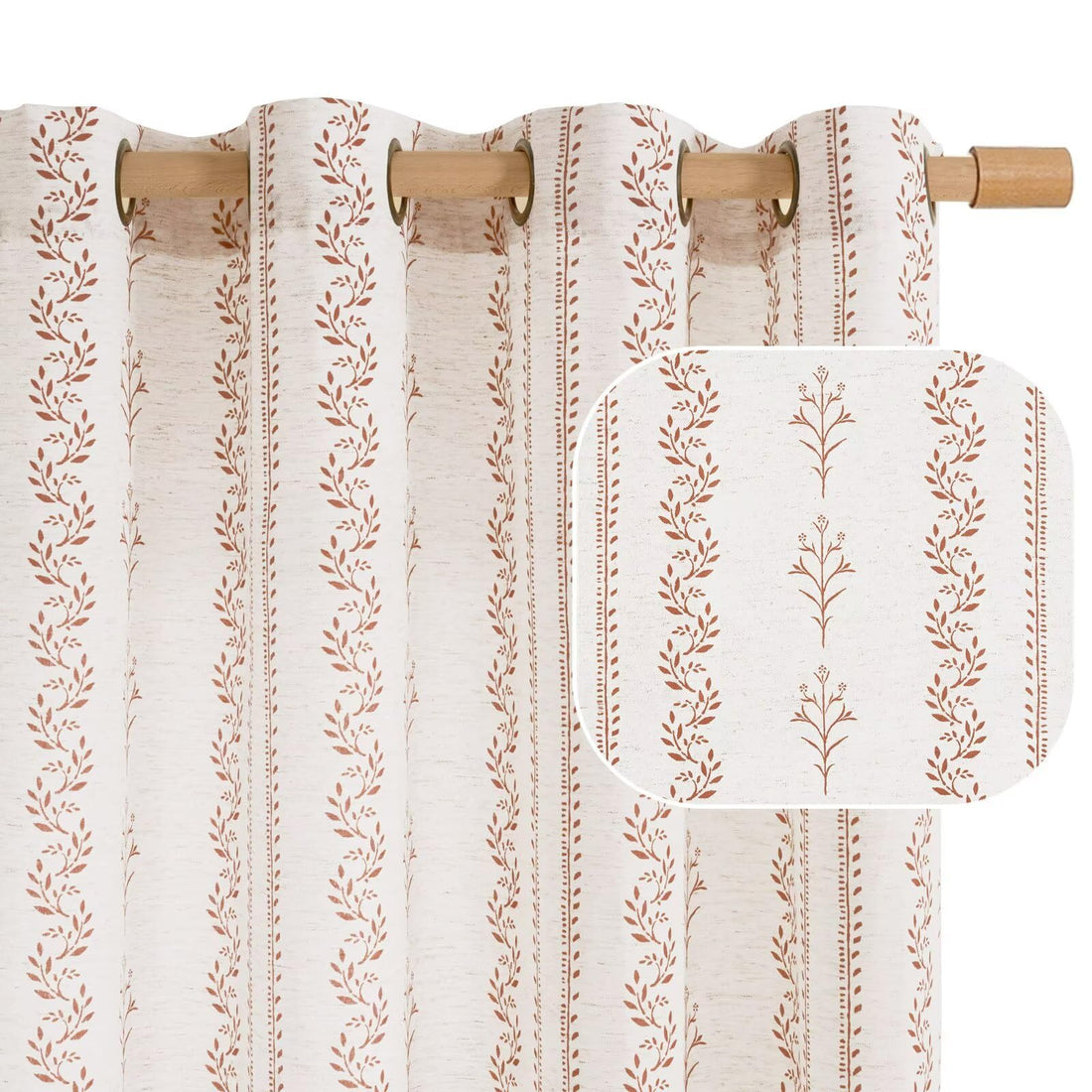 Boho Linen Curtains with Leaf Print for Farmhouse Living Room Decor