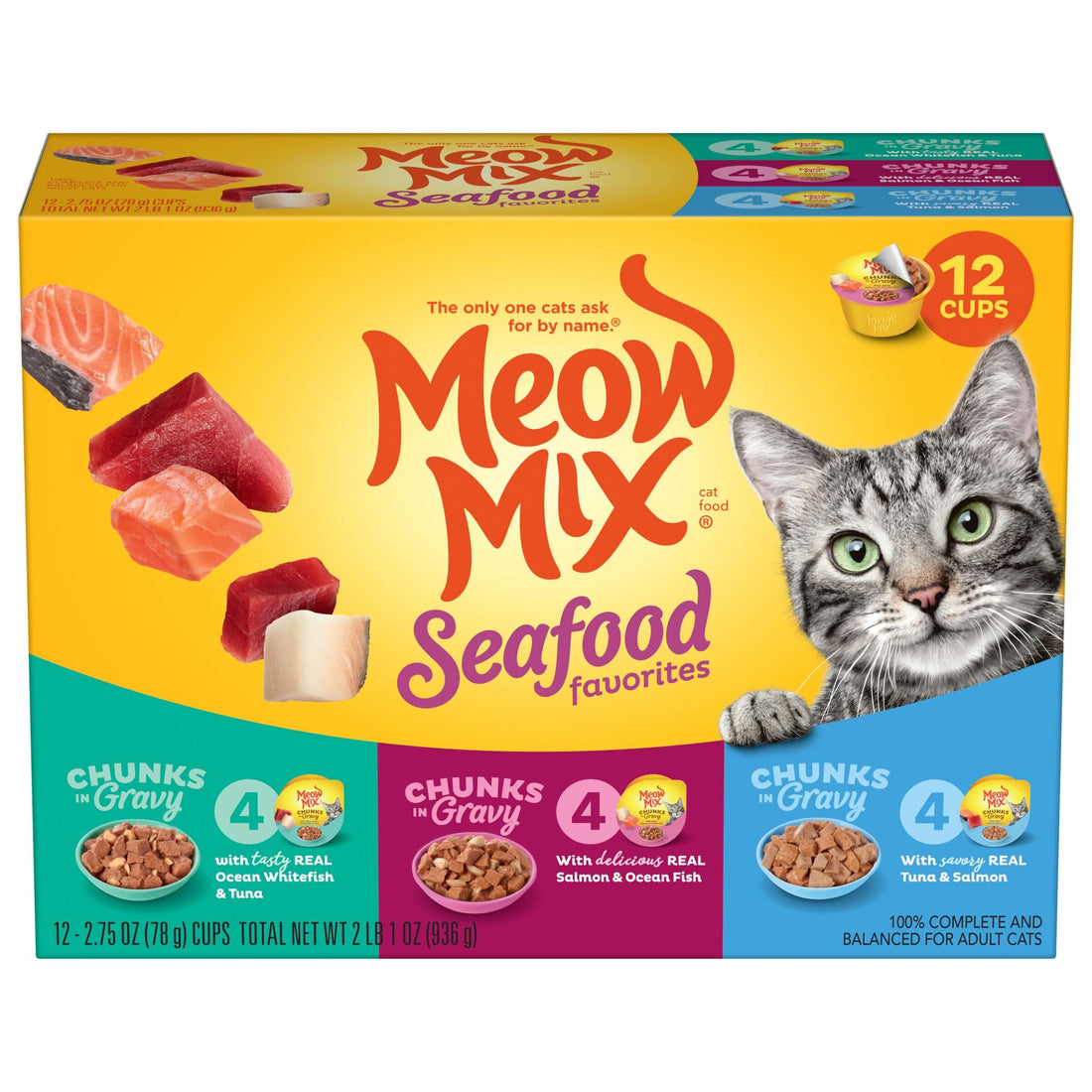 Meow Mix Seafood Favorites Chunks in Gravy Wet Cat Food Variety Pack.