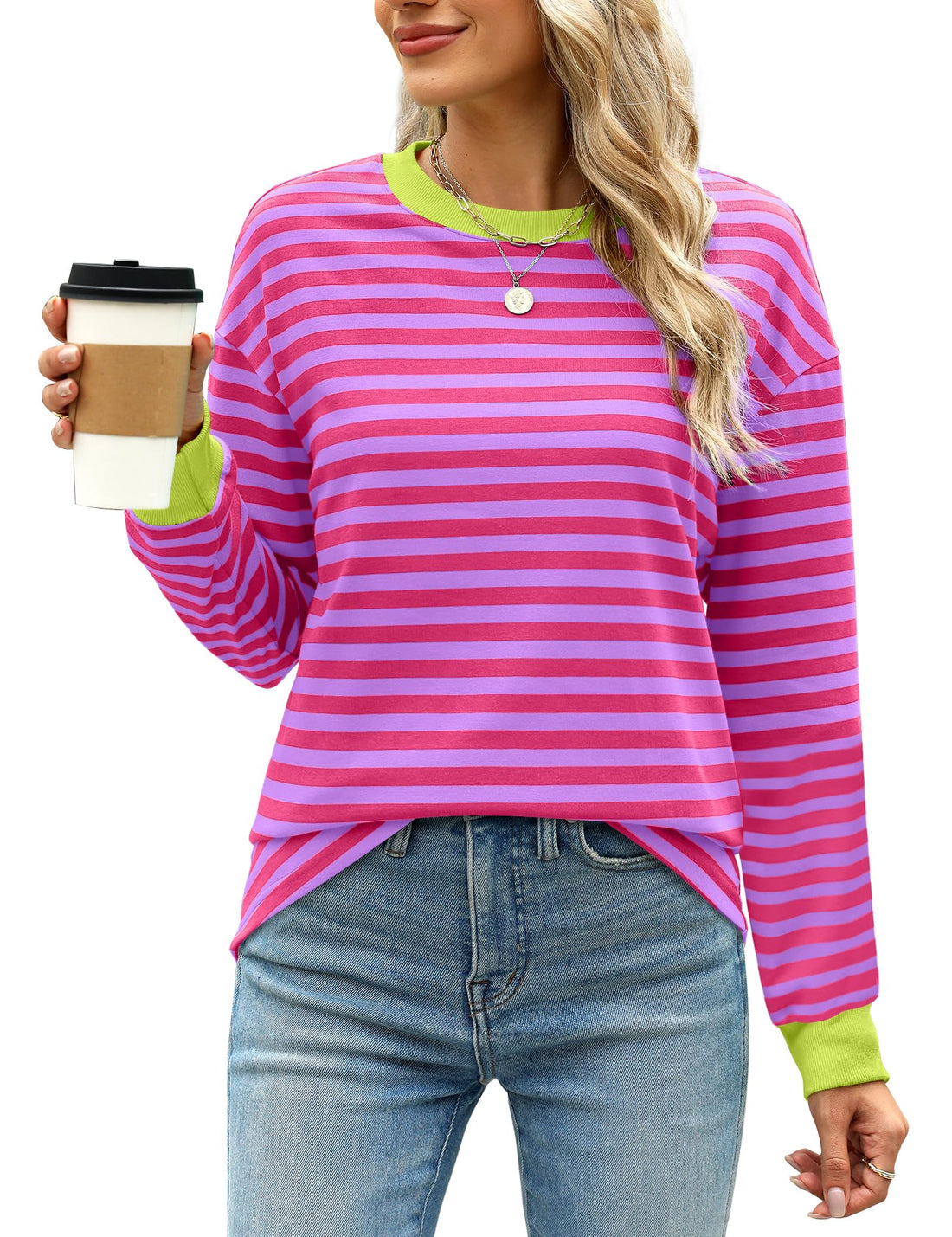 WIHOLL Womens Tunic Tops Long Sleeve Striped Shirts Crewneck Tops.