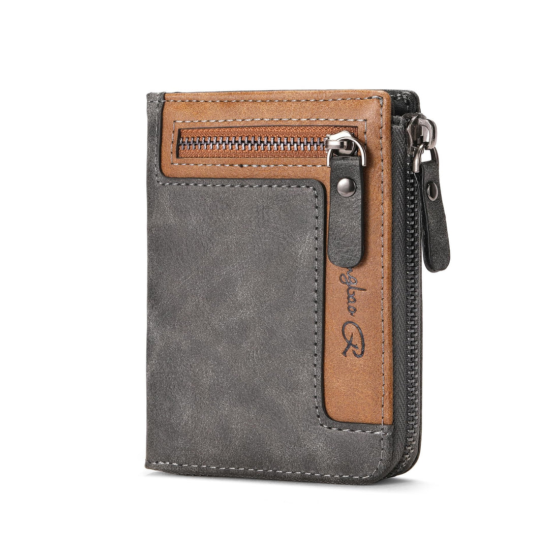 Grey Leather Zipper Wallets for Men with RFID Blocking