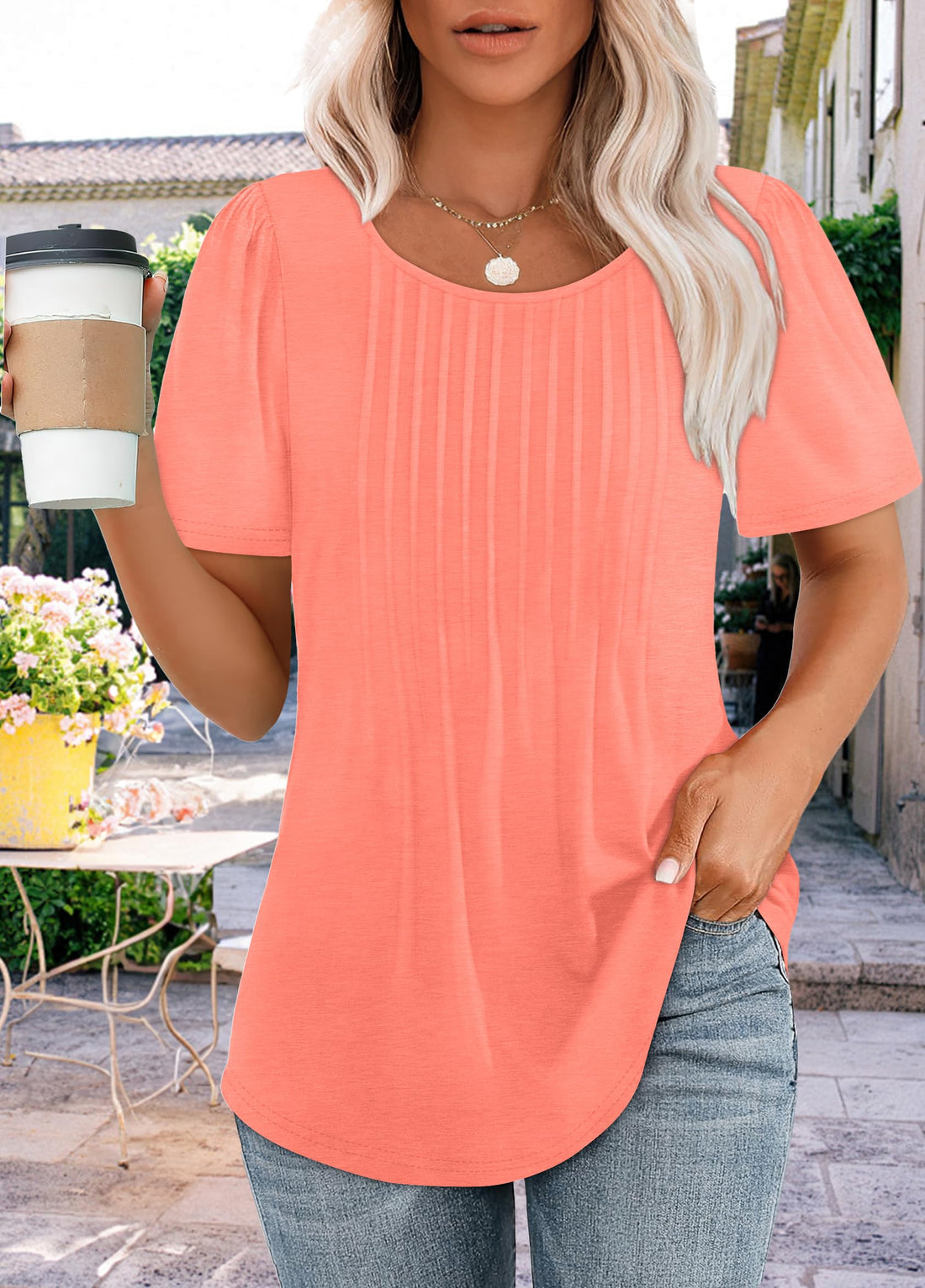 Elegant Coral Blouse Tops for Women's Summer Beach Vacation Style.