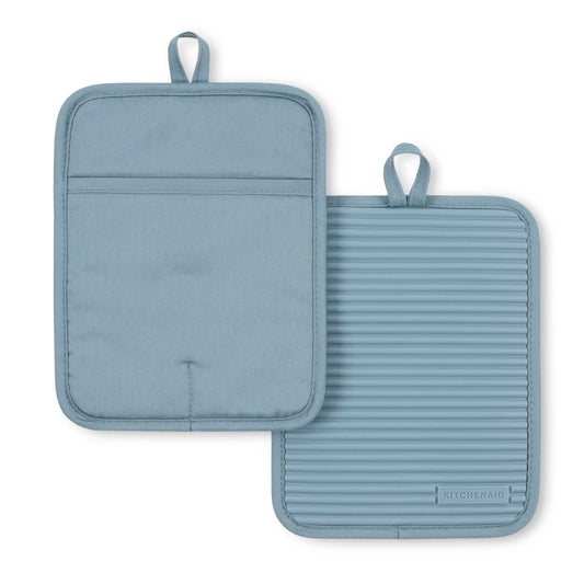 KitchenAid Ribbed Soft Silicone Pot Holder 2-Pack Set, Fog Blue, 7⁘x9⁘