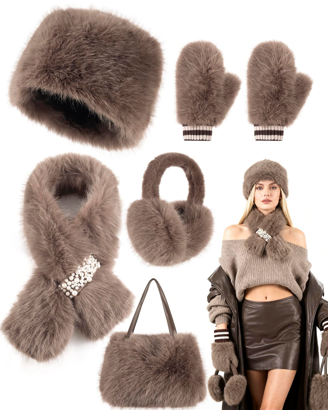 5-Piece Faux Fur Christmas Gift Set for Women