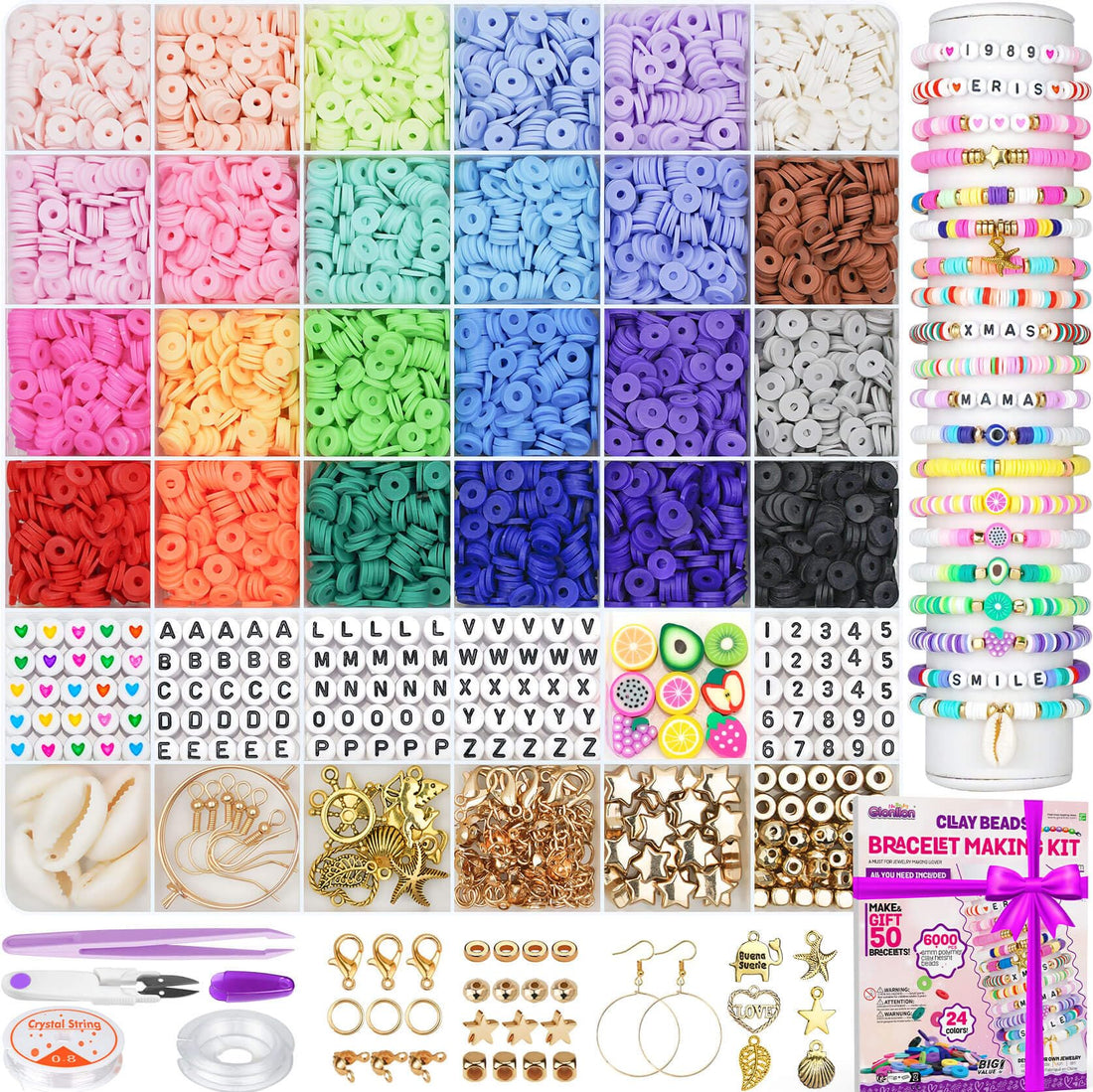 Gionlion 6000 Clay Beads Bracelet Making Kit, 24 Colors Flat Preppy Beads for Friendship Bracelets...