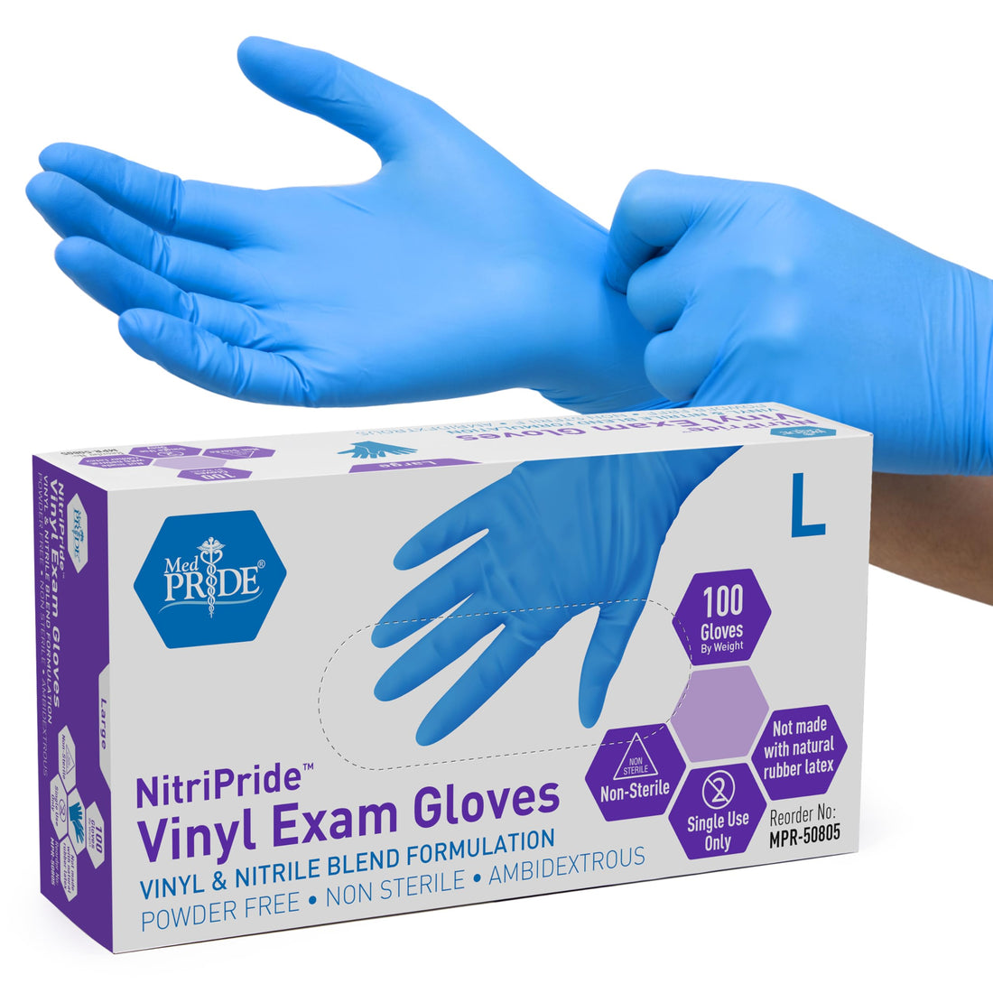 Nitrile-Vinyl Exam Gloves, Powder-Free, Non-Sterile, Disposable, 100 Count Pack.