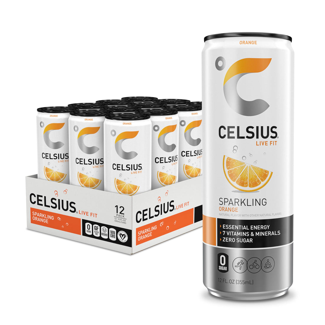 CELSIUS Sparkling Orange, Functional Essential Energy Drink 12 Fl Oz (Pack of 12).