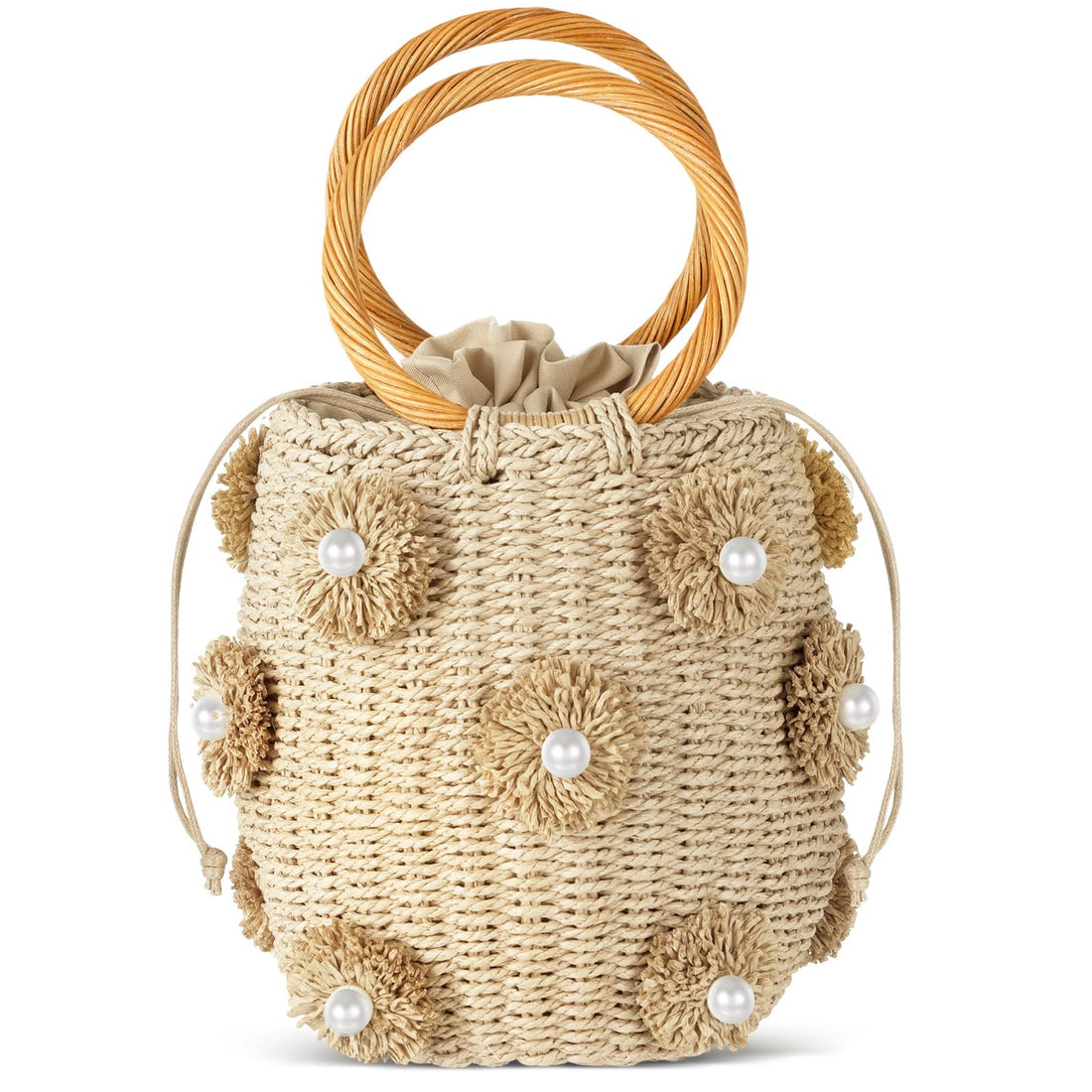 Frienda Summer Straw Bags for Women - Beach Drawstring Straw Bucket Tote Pearl Flower Diamond ...