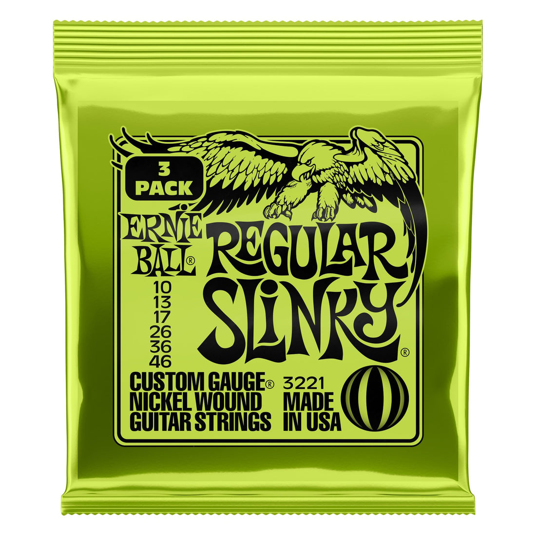 Ernie Ball Regular Slinky Nickel Wound Electric Guitar Strings 3 Pack - 10-46 Gauge.