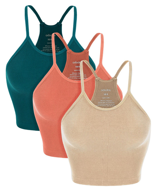 ODODOS Women's Crop 3-Pack Washed Seamless Rib-Knit Camisole Crop Tank Tops.