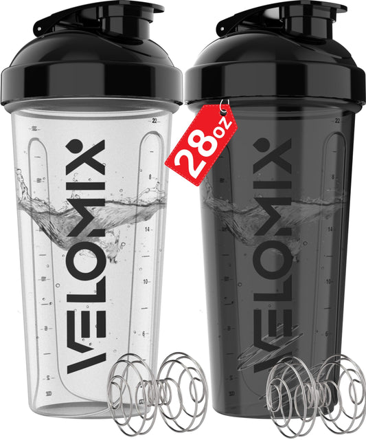 VELOMIX -2 Pack- 28 oz Protein Shaker Bottles for Protein Mixes - 2x Wire Whisk | Leak Proof Shaker Cups for Protein ...