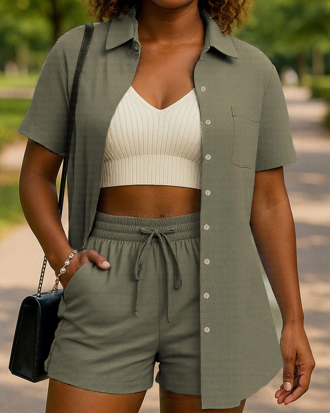 Women's Summer Army Green Cotton Linen Shorts Set