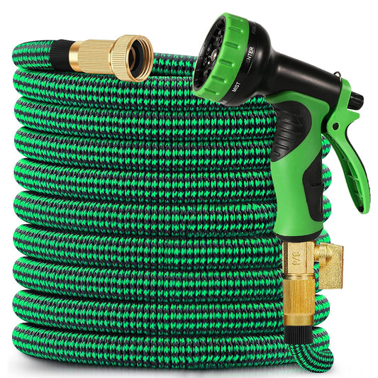 Reinforced Expandable Garden Hose with 10 Spray Nozzles for Irrigation.