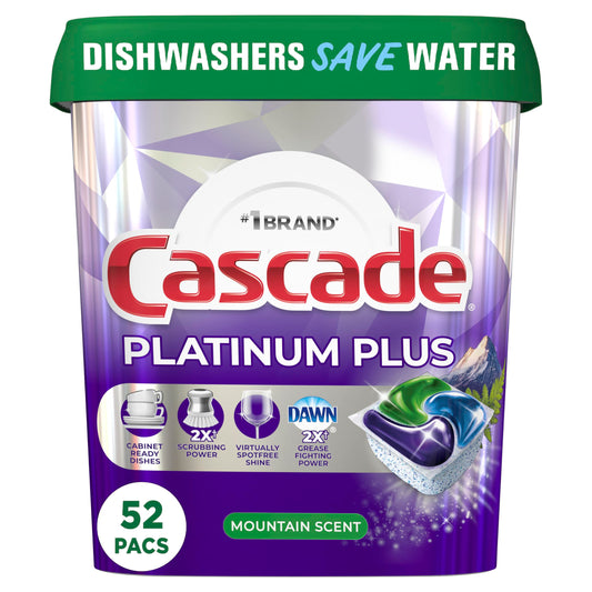 Cascade Platinum Plus ActionPacs Dishwasher Detergent Pods, Mountain, 52 Count.