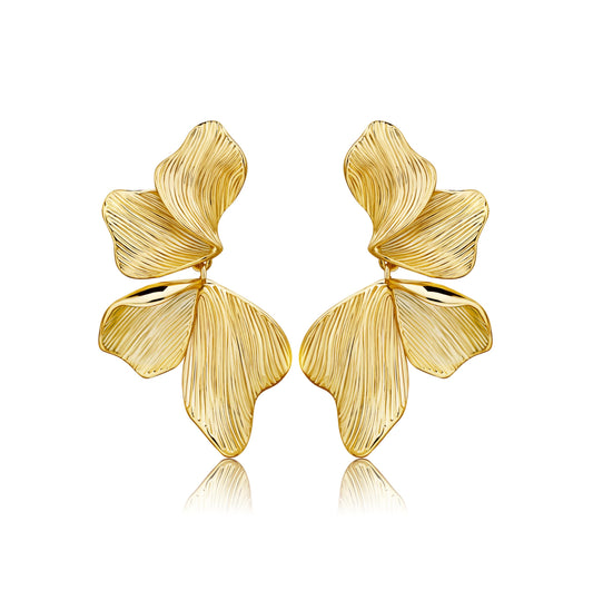 Gold Statement Earrings For Women - 18K Gold Plated Floral Wing Studs