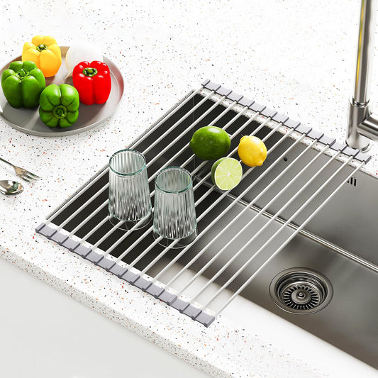 Roll Up Dish Drying Rack Over The Sink - Foldable Stainless Steel Kitchen Drain Rack