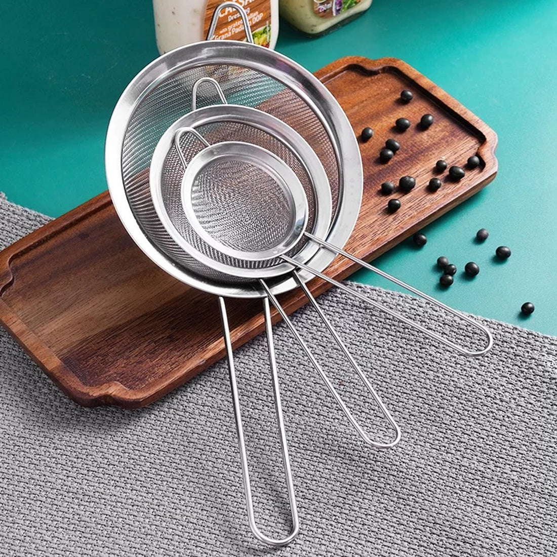 Stainless Steel Fine Mesh Strainer Set with Handle - 3 Piece Sieve Set for Kitchen Use