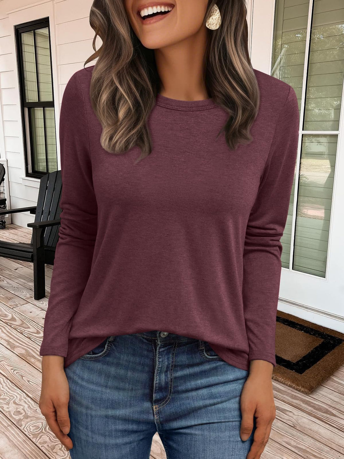 Wine Red Long Sleeve Crew Neck Tops for Women
