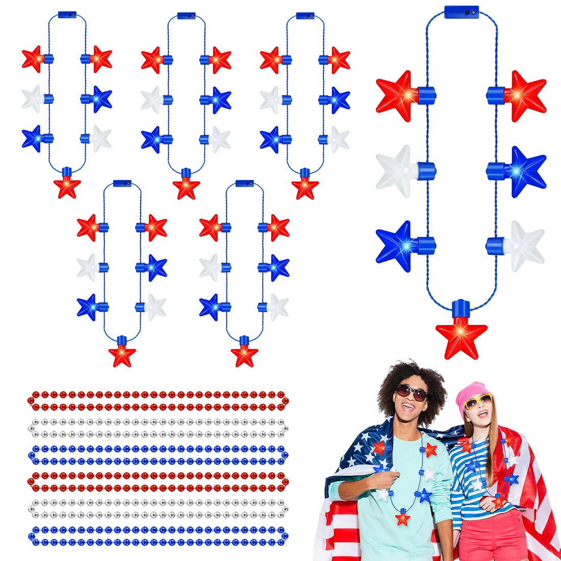 12Pcs 4th of July Necklace Accessories, 7 Bulb Independence Day 4th of July Light Up Stars Necklace with Patriotic Beads Neck