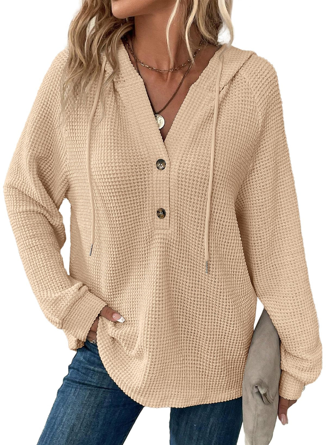 Women's Waffle Knit Hooded Sweatshirt with Long Sleeve and V-Neck