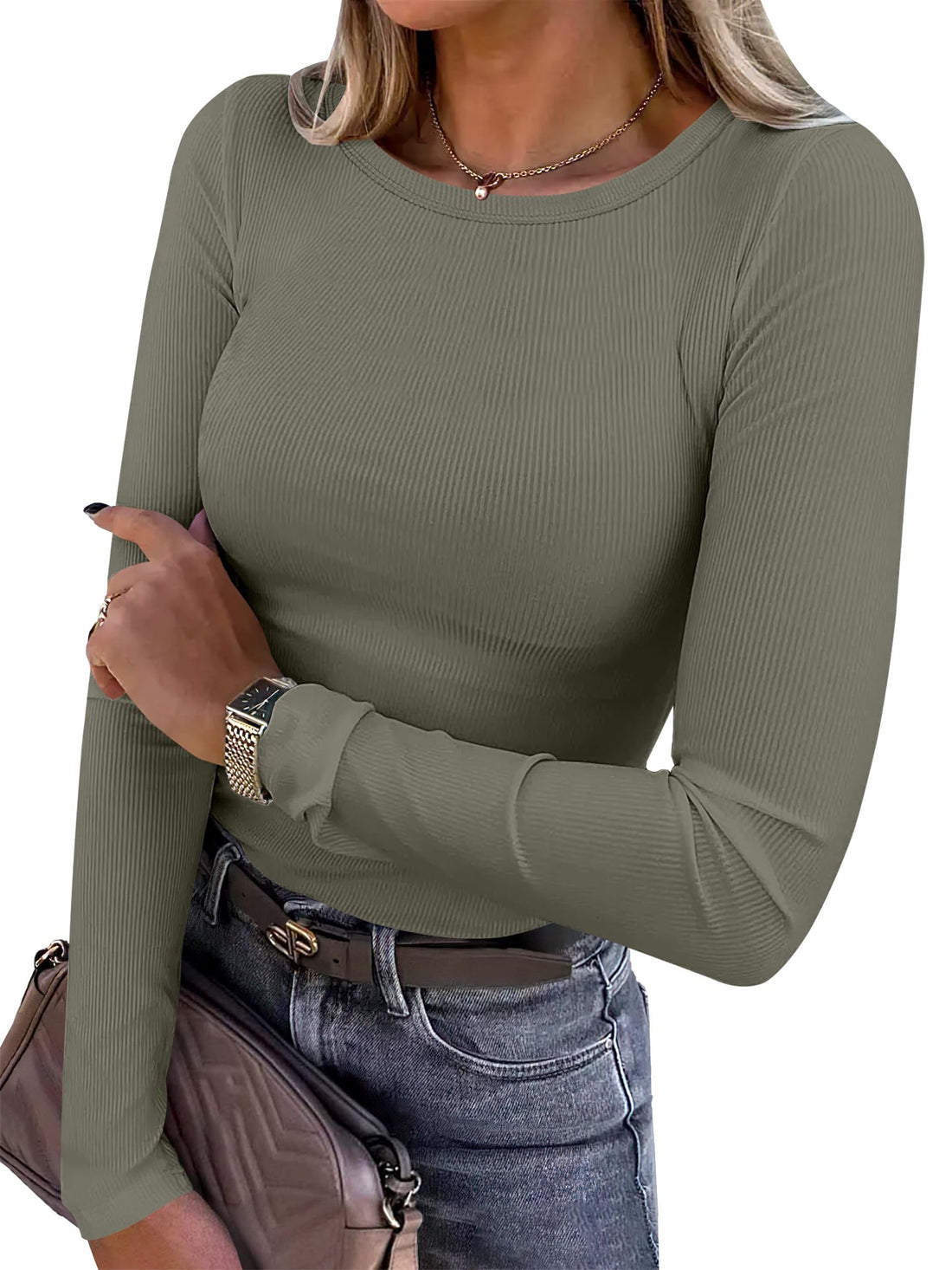 Women's Ribbed Crew Neck Knit Shirts for Casual Workout Outfits.