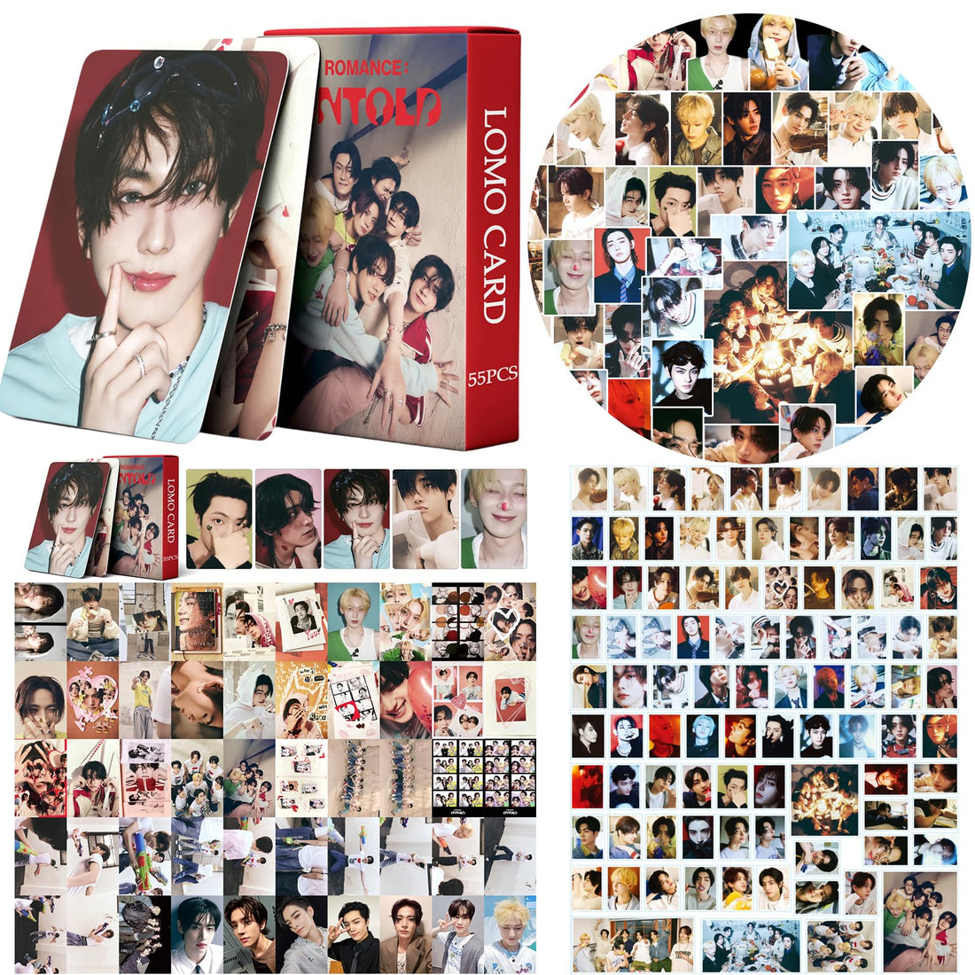 Romance album photocard set and sticker pack bundle for ENHYPEN fans.