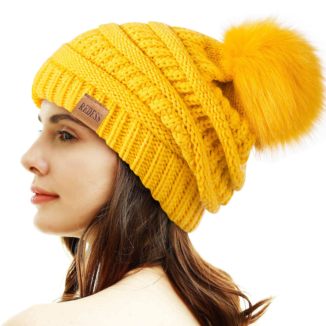 Yellow Winter Pom Pom Beanie Hat with Fleece Lining