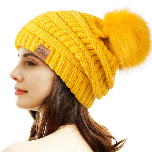 Yellow Winter Pom Pom Beanie Hat with Fleece Lining