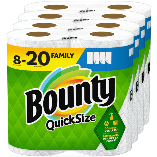 Bounty Quick Size Paper Towels, White, 8 Family Rolls = 20 Regular Rolls.