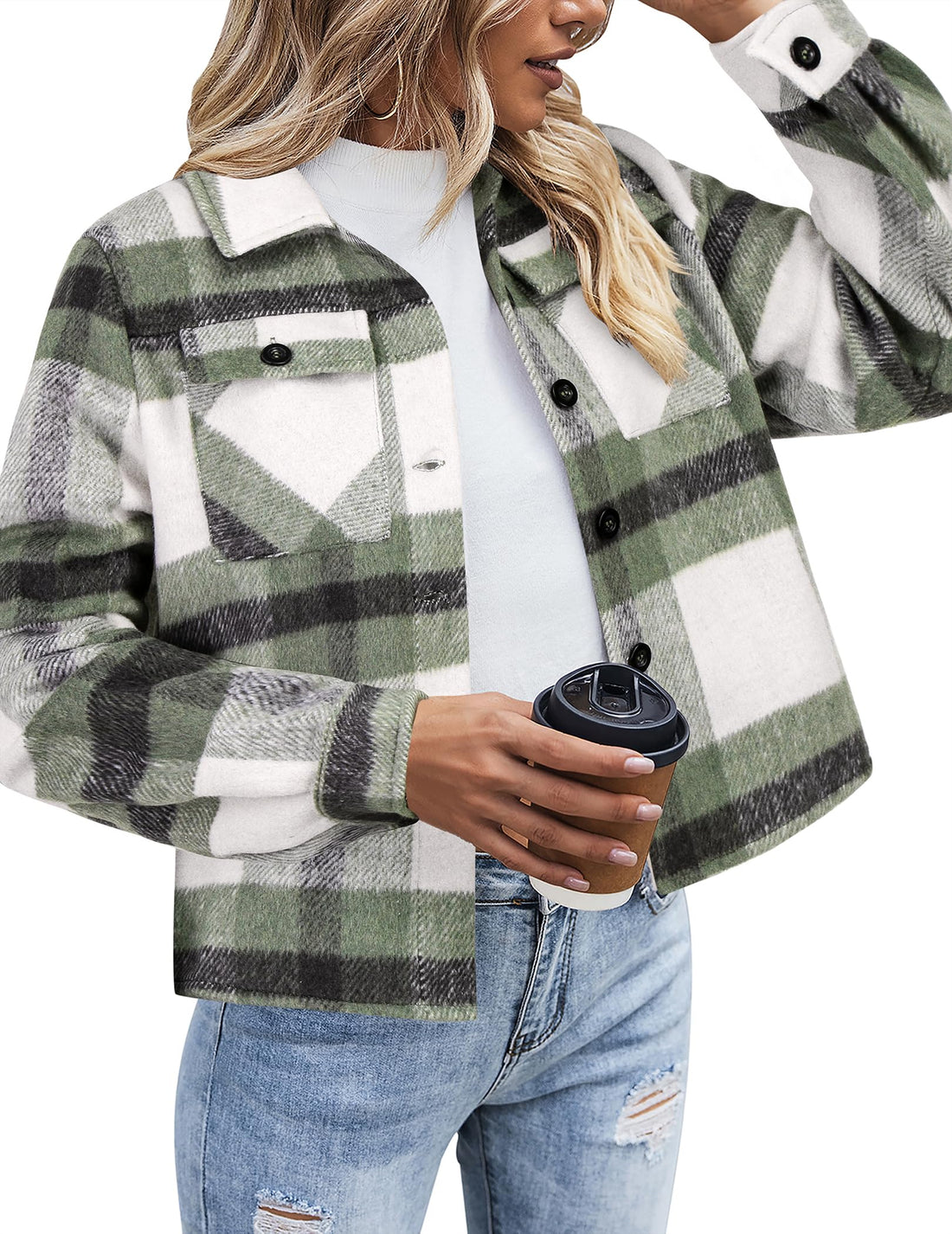 Zeagoo Flannels for Women Cropped Shacket Jacket Fashion Plaid Button Down Shirt 2024 Fall Coat ...