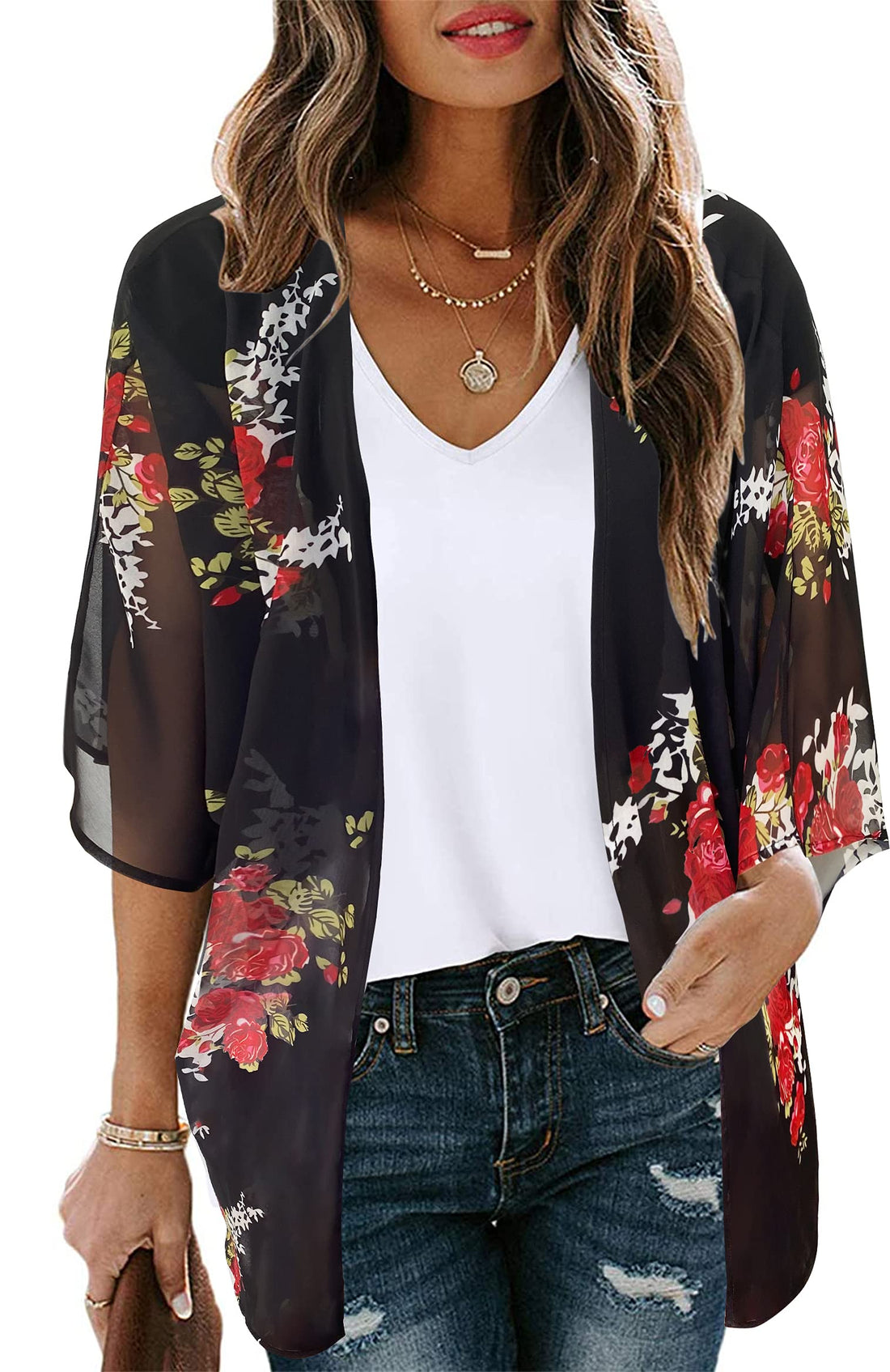 Women's Floral Print Puff Sleeve Kimono Cardigan Loose Cover Up Casual Blouse Tops.