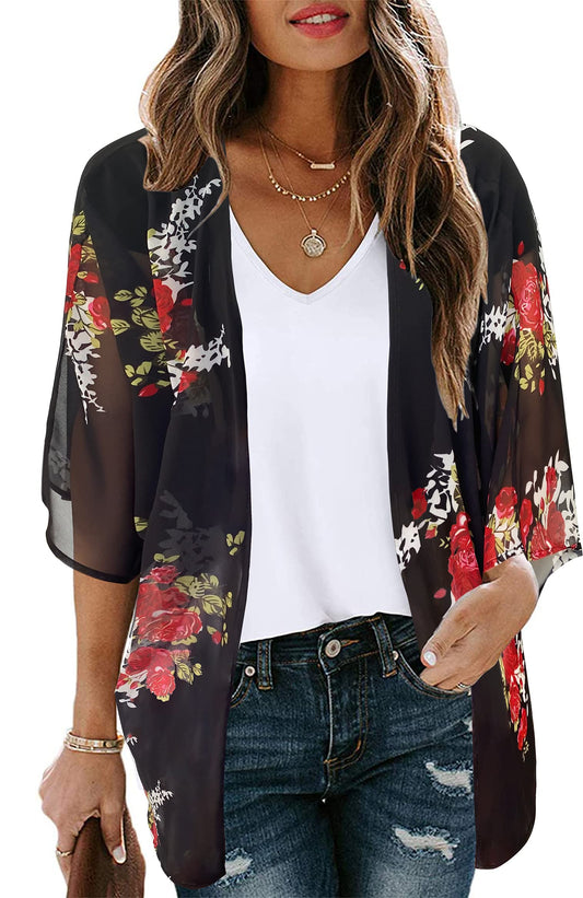 Chic Women's Floral Print Puff Sleeve Kimono Cardigan Loose Cover-Up.